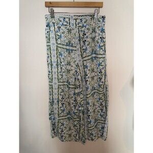 joie 100% Linen Capri Wide Leg Pants Floral Blue Green Sz L Boho